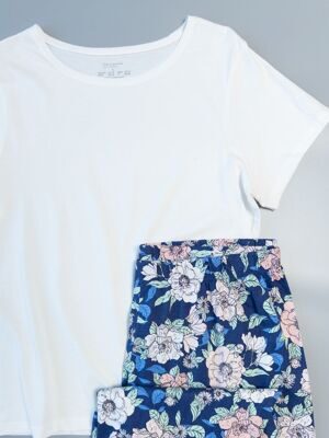 Комплект хлопковый женский футболка + брюки цвет белый/синий принт цветы размер EUR 42/44 (rus 50-52) Primark