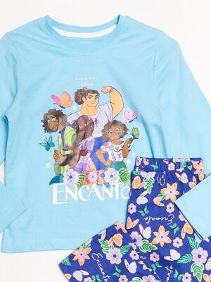 Пижама хлопковая для девочки лонгслив + брюки цвет бирюзовый/синий/цветы прорезиненный принт Encanto на рост 110 см 4-5 лет Primark