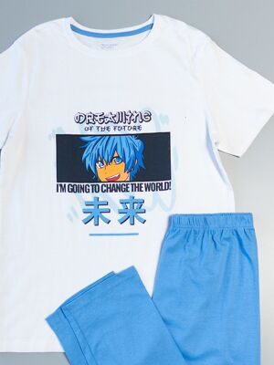 Комплект хлопковый для мальчика футболка + брюки цвет белый/голубой принт Anime на рост 164 см 13-14 лет Primark