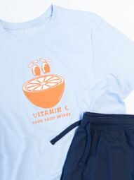 Комплект хлопковый мужской футболка + шорты с утягивающим шнурком в поясе цвет голубой/синий  с принтом размер S  Primark