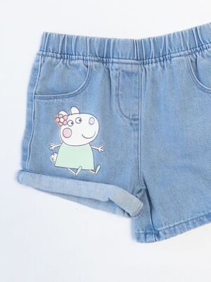 Шорты джинсовые для девочки в талии на резинке с карманами  цвет голубой принт Свинка Пеппа рост 98-104 см George
