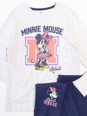 Комплект хлопковый для девочки лонгслив + брюки цвет серый меланж/темно-синий прорезиненный принт Minnie Mouse на рост 152 см Primark