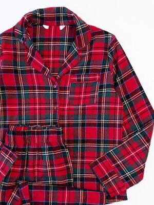 Комплект фланелевый женский рубашка с длинным рукавом на пуговицах + брюки с утягивающим шнурком в поясе цвет красный/клетка размер EUR 40/42 (rus 46-48) Primark