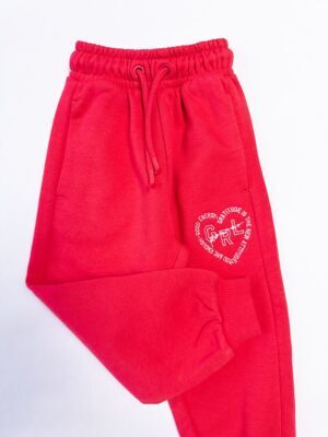 Брюки спортивные с начесом для девочки с утягивающим шнурком в поясе цвет красный принт сердце рост 92-98 см George