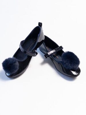 Туфли лаковые с меховым помпоном для девочки цвет блестящий темно-синий размер 34 длина стельки 21.5 см Cool Club