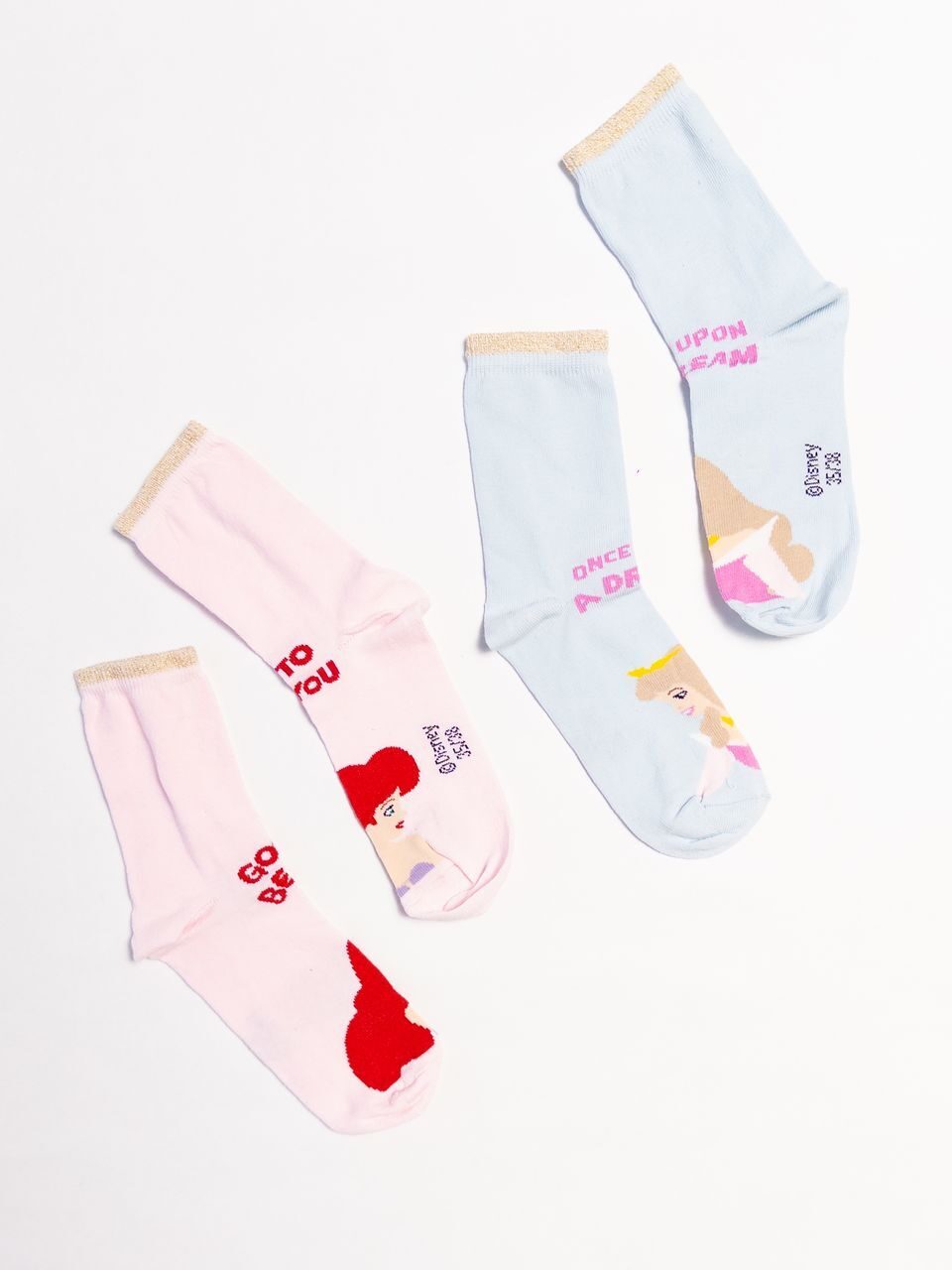 Носки хлопковые длинные для девочки комплект из 2 пар цвет голубой/розовый/люрексная нить принт принцессы Disney длина стопы 22-24 см размер обуви 35-38 OVS