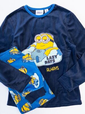 Пижама велюровая для мальчика лонгслив + брюки цвет темно-синий/синий принт Миньоны рост 134 см Primark