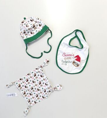 Комплект хлопковый шапка нагрудник салфетка цвет белый/зеленый с новогодним принтом 0-6 мес. Lupilu