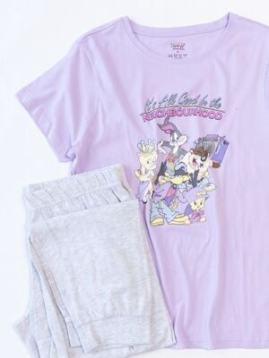 Пижама хлопковая женская футболка + брюки с манжетами снизу цвет сиреневый/серый принт LOONEY TUNES размер EUR 40/42 (rus 46-48) Primark