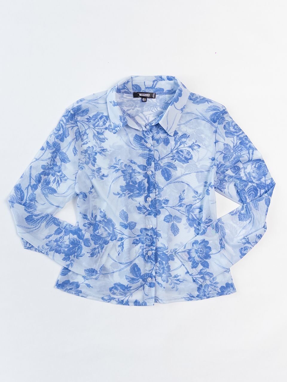 Блуза из сетки на пуговицах цвет голубой/цветы размер EUR 46 (rus 50) MISSGUIDED