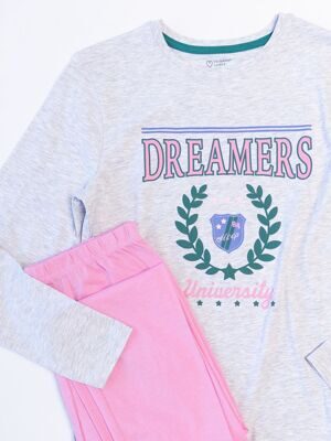 Пижама хлопковая для девочки лонгслив + брюки цвет серый/розовый с прорезиненным принтом рост 152 см Primark