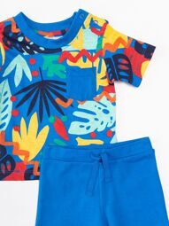 Комплект для мальчика футболка хлопковая+шорты трикотажные цвет синий принт листья на рост 62 см 0-3 мес Primark