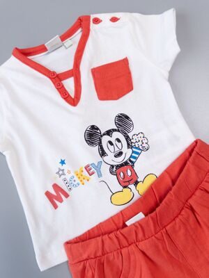 Комплект хлопковый футболка с пуговицами на плечах/карманом + шорты цвет белый/коралловый принт Mickey Mouse рост 62 см KIABI