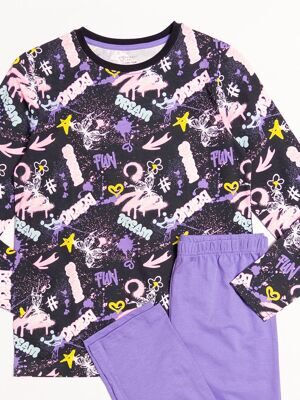Пижама хлопковая для девочки лонгслив + брюки цвет черный/сиреневый с принтом на рост 152 см 11-12 лет Primark