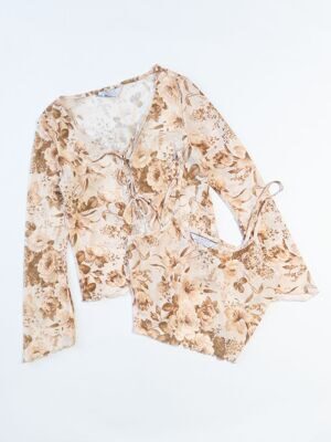 Комплект блуза на завязке + топ укороченный на бретелях цвет бежевый принт цветы размер EUR 40-42 (rus 46-48) Primark