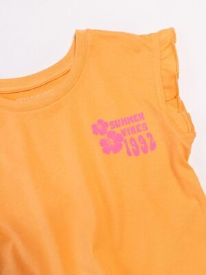 Футболка хлопковая для девочки со сборками на плечах цвет розовый/оранжевый с текстовым принтом рост 104 см  Primark