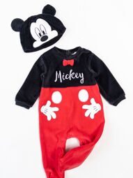 Комплект велюровый для мальчика слип с длинным рукавом на кнопках + шапка двухслойная на хлопковой подкладке с ушками ( окружность головы 40-42 см) цвет черный/красный принт Mickey Mouse рост 68 см 6-