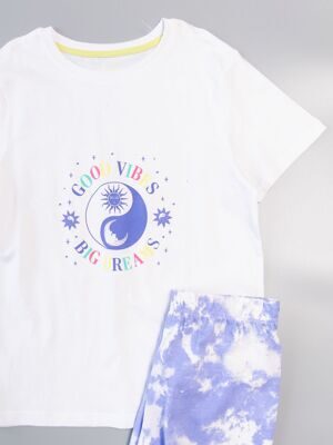 Комплект хлопковый для девочки футболка + шорты цвет белый/сиреневый с принтом на рост 140 см Primark