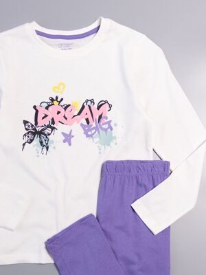 Комплект пижама хлопковая для девочки лонгслив + брюки цвет белый/фиолетовый принт Dream на рост 134 см 8-9 лет Primark