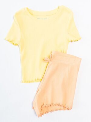 Комплект хлопковый для девочки в рубчик футболка + шорты на резинке цвет желтый/персиковый рост 92 см Primark