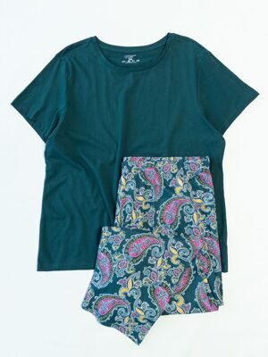 Комплект хлопковый женский футболка + брюки цвет изумрудный с принтом размер EUR 50/52 (rus 56-60) Primark
