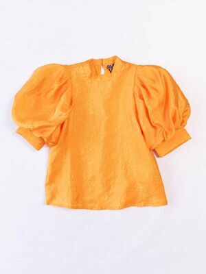 Блуза на подкладке с объемными рукавами-фонариками цвет оранжевый размер EUR XS (rus 40) PIECES (имеется маленькая незаметная дырочка спереди)