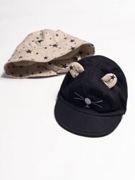 Комплект для мальчика кепка с ушками на резинке+панама на липучке цвет бежевый/черный принт звезды на 3-6 мес окружность головы 44-46 см George