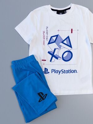 Комплект хлопковый для мальчика футболка + брюки цвет белый/синий с принтом рост 134 см Primark