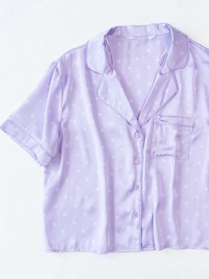 Рубашка атласная женская с коротким рукавом на пуговицах цвет сиреневый принт горох размер EUR 38/40 (rus 44-46) Primark
