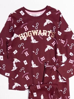 Пижама хлопковая для девочки лонгслив + брюки цвет бордовый принт Harry Potter на рост 128 см 7-8 лет Primark