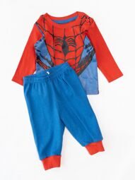 Комплект хлопковый для мальчика лонгслив пуговицы на плече + брюки на манжетах цвет красный/синий прорезиненный принт Spider Man рост 68 см Primark *дефект принта