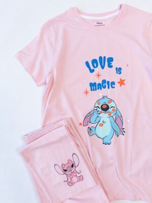 Пижама хлопковая для девочки футболка + брюки цвет розовый принт Стич рост 158 см Primark