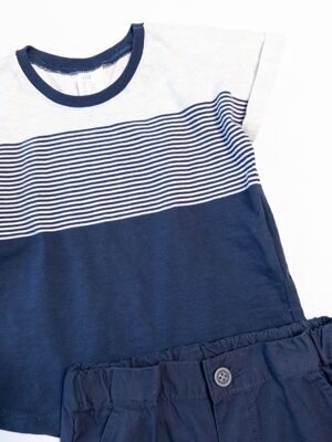 Комплект для мальчика футболка хлопковая на кнопках + шорты из твила с утягивающей резинкой в поясе застежка пуговица цвет серый/синий рост 74 см H&M