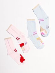 Носки хлопковые длинные для девочки комплект из 2 пар цвет голубой/розовый/люрексная нить принт принцессы Disney длина стопы 22-24 см размер обуви 35-38 OVS