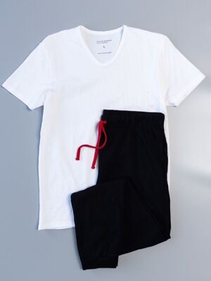 Комплект хлопковый мужской футболка с V-образным вырезом + брюки с утягивающим шнурком в поясе/карманами цвет белый/черный размер L Primark