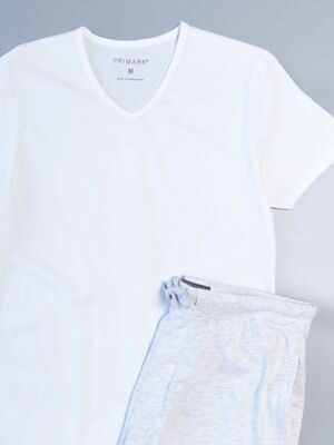 Комплект хлопковый мужской футболка + шорты с утягивающим шнурком/карманами цвет белый/светло-серый размер M  Primark