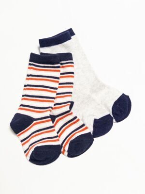 Носки хлопковые длинные для мальчика комплект из 2 пар цвет серый/синий/полоска длина стопы 12-14 см размер обуви 20-22 см  OVS