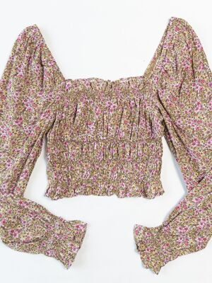 Блуза из вискозы женская укороченная с ромбовидным вырезом цвет желтый/розовый принт цветы размер EUR S ( rus 42-44) H&M