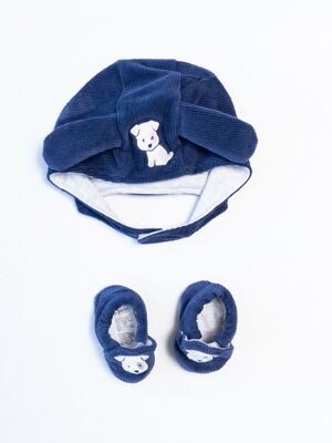 Комплект штроксовый для мальчика шапка двухслойная на хлопковой подкладке/липучке с ушками ( окружность головы 40 см ) + пинетки на резинке ( длина стопы 109 см) цвет темно-синий принт собачка рост 56