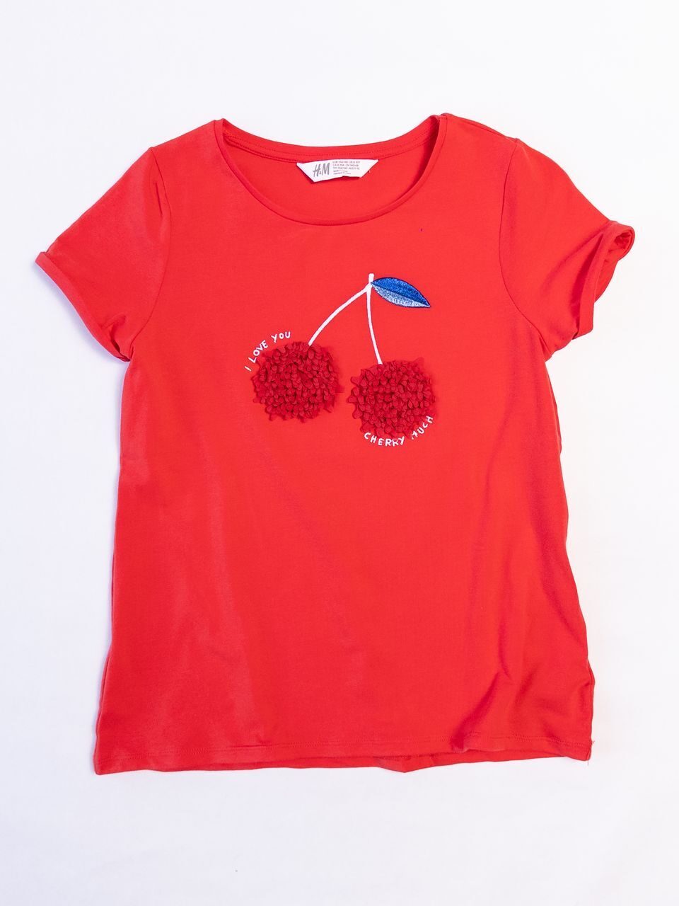 Футболка из мягкого хлопкового трикотажа цвет красный аппликация Вишенки для девочки на рост  140 см H&M