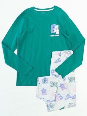 Пижама хлопковая лонгслив + брюки цвет изумрудный/серый меланж с принтом на рост 164 см Primark