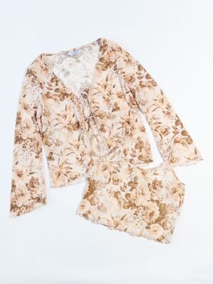 Комплект блуза на завязке + топ укороченный на бретелях цвет бежевый принт цветы размер EUR 42-44 (rus 48-50) Primark