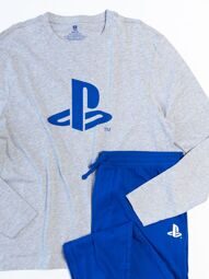 Комплект хлопковый мужской лонгслив + брюки с утягивающим шнурком в поясе цвет серый/синий принт PlayStation размер 2XL Primark